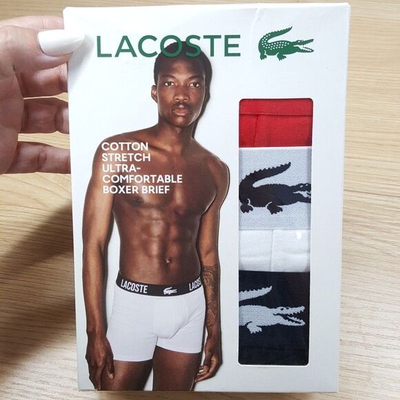 LACOSTE Boxer Briefs Mens XL Black Red White 3-Pack Cotton Stretch Comfort Logo - Picture 2 of 5